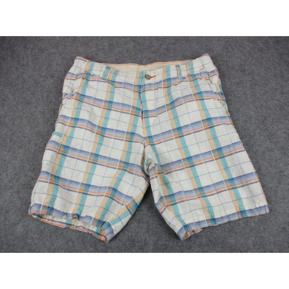 Tommy Bahama Shorts Mens 36 White Blue Plaid Linen Blend Relax Bermuda